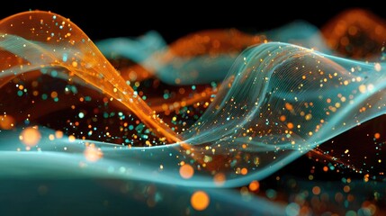 Abstract swirling lines of orange and teal, dotted with glowing particles against a black background