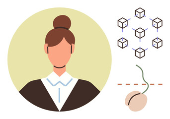 Woman in business attire, blockchain network visualization, and computer mouse carrying idea of digital interaction. Ideal for technology, professionalism, blockchain, network, innovation, business