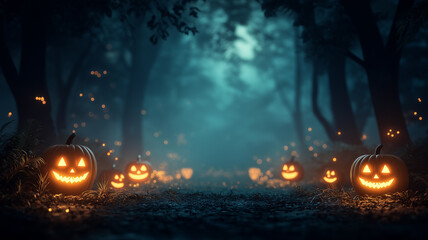 Glowing jack-o'-lanterns illuminate a dark forest path on a spooky Halloween night, creating magic Generative AI