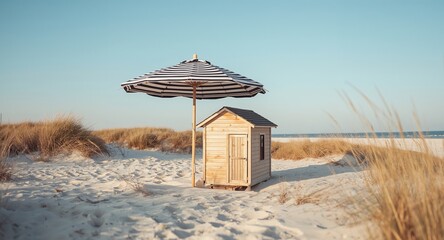Serene Beach Scene with a Charming Cabin and Striped Umbrella in Golden Sunlight.