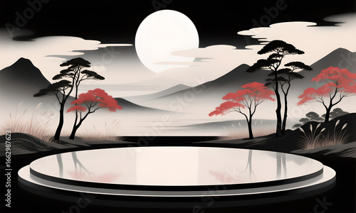Minimalist Japanese Landscape with Moon and Platform for Product Display
