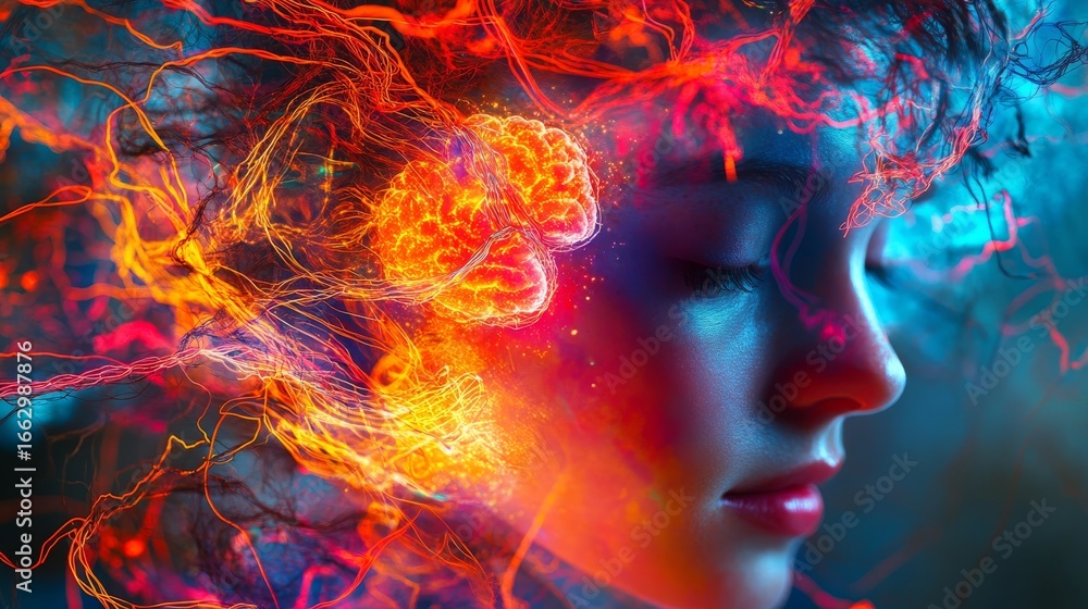 Sticker a mesmerizing depiction of thought and emotion. vivid colors swirl around a peaceful face. this imag