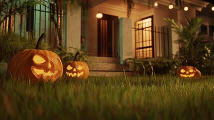 Obraz premium Glowing pumpkin lanterns cast eerie shadows, setting the mood for a fun Halloween celebration Generative AI