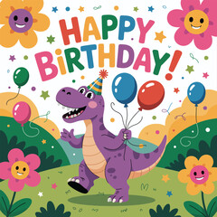 Fototapeta premium Happy birthday greeting with a purple dinosaur and smiling flowers celebration T-Rex