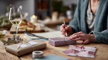 Hands craft gifts while a glass of wine awaits beside a rustic, warm tabletop adorned with treats Generative AI