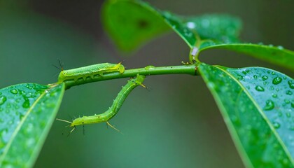 Fototapeta premium Two small, bright green caterpillars on a wet plant branch