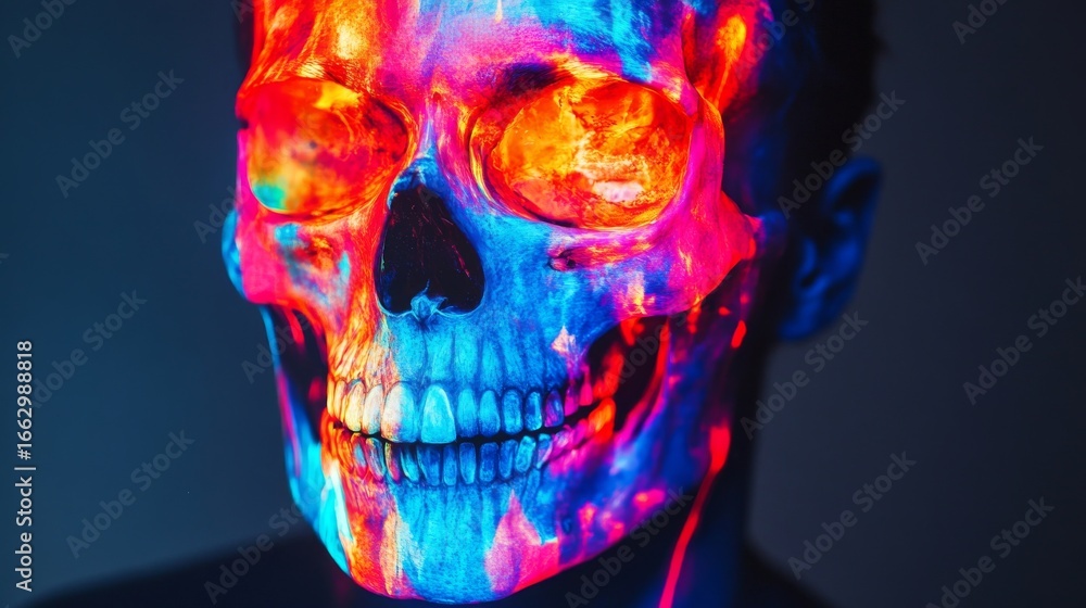 Sticker a vibrant depiction of a skull illuminated with colorful lights. this dynamic imagery captures the e