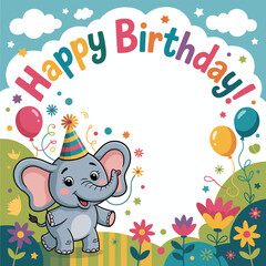 Obraz premium Happy birthday greeting with cute elephant and colorful flowers on white background