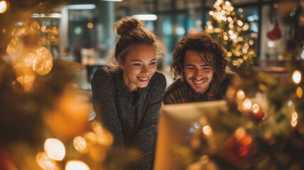 Colleagues enjoy holiday cheer and festive activities at work amid decorations Generative AI