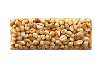 Close-up of a delicious puffed wheat and peanut granola bar isolated on black
