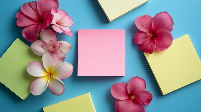 Bright pink and yellow notes with flowers on blue paper inspire creativity and joy Generative AI