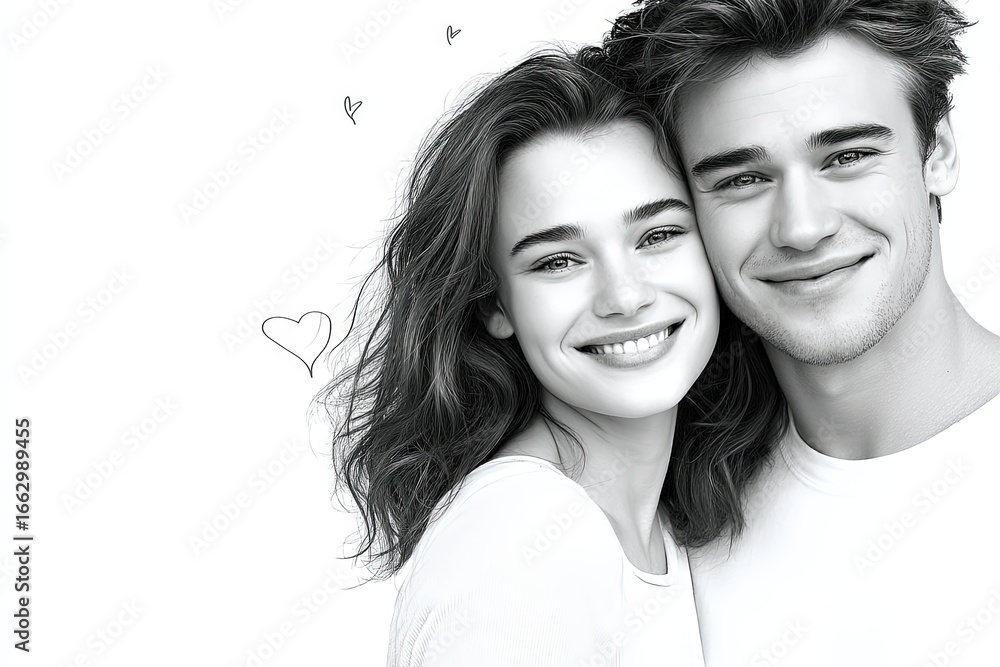 Poster capturing pure joy in a beautiful black and white portrait of a couple smiling closely together radi