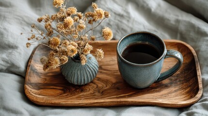 A wooden tray holds a cup of coffee and dried flowers