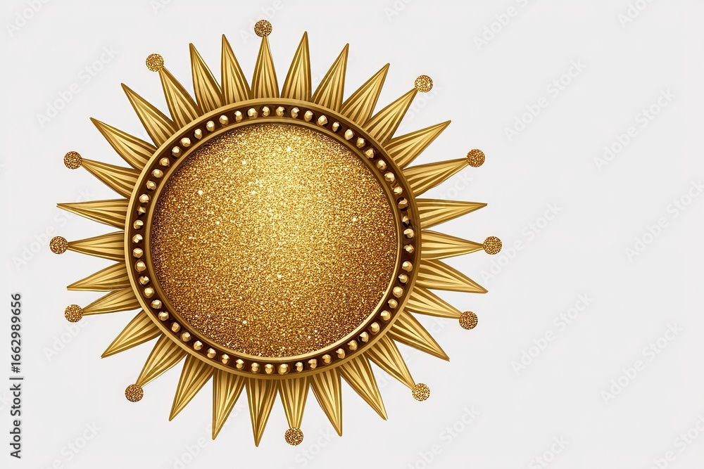 Poster captivating golden sun emblem with intricate rays and shimmering textures symbolizing radiance and p