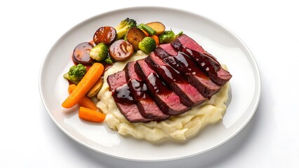 Meal featuring steak, roasted vegetables, and creamy mashed potatoes on a plate. Perfect for food blogs, menus, and culinary designs.