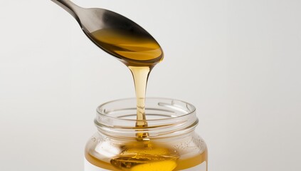 Golden Liquid Descent. A Spoonful of Viscosity in a Glass Container, Still Life.