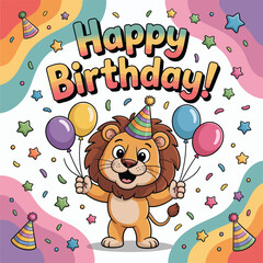 Happy birthday lion with balloons and confetti on white background celebration party