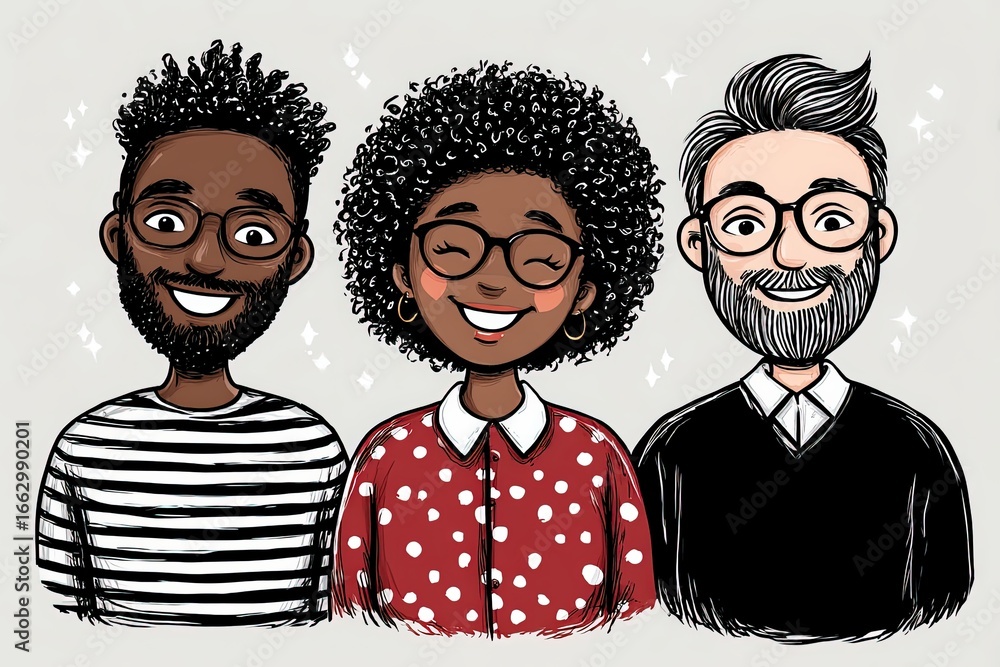 Aufkleber embracing diversity and unity through illustrated portraits of three unique characters showcasing co
