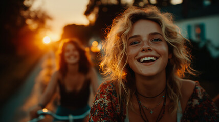Two friends share laughter while cycling through a picturesque landscape at sunset Generative AI