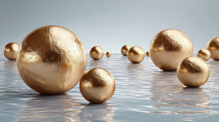 stunning display of golden spheres resting on clean ultrabright background casting mesmerizing reflections