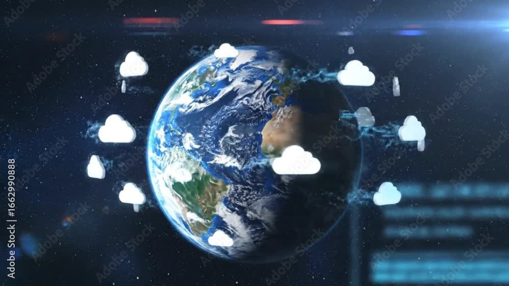Poster earth rotates in space, surrounded by digital cloud icons, symbolizing global data, interconnected n