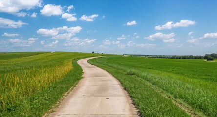 Winding Path Through Golden Fields, Azure Skies and Gentle Clouds Overhead.