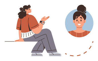 Woman sitting casually, gesturing during a conversation. Video call interface highlights interaction. Ideal for communication, connection, networking, collaboration, remote work, socializing simple