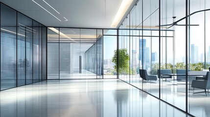 Modern office building interior with corridor and glass windows