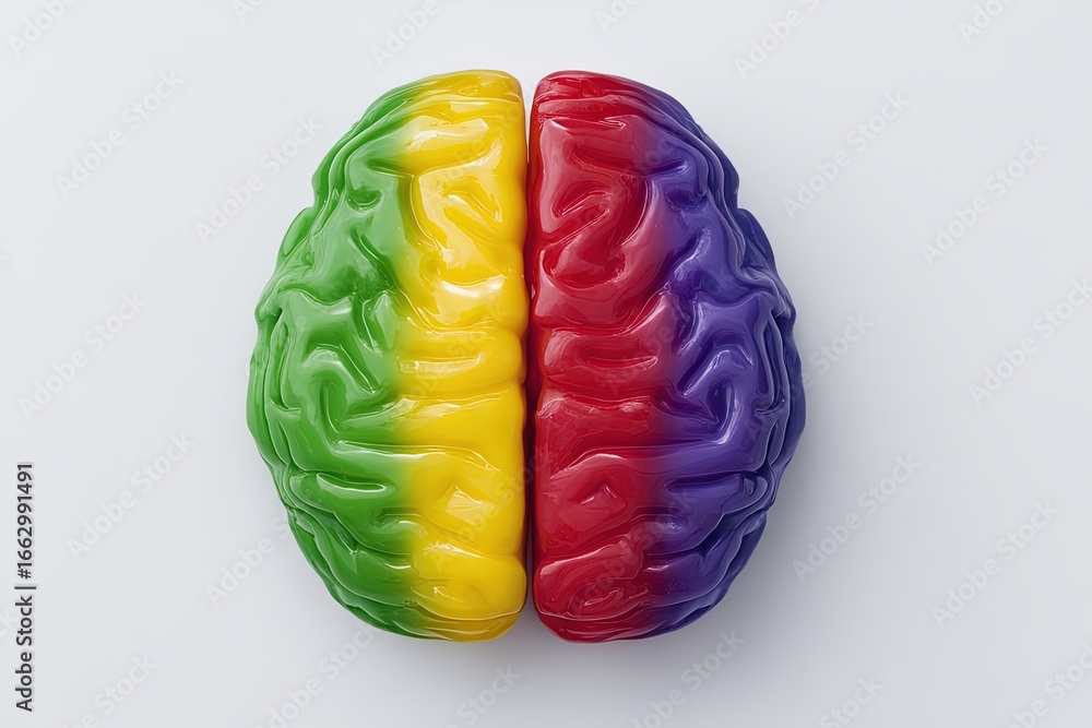 Poster colorful and playful brain model demonstrating dual functionality and representation of emotional in