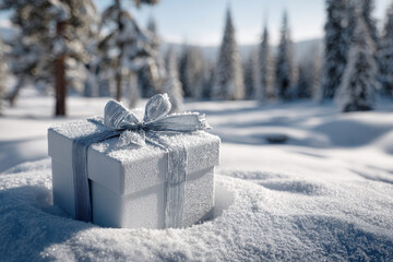 beautifully wrapped gift box sits gracefully against stunning snowy landscape creating magical winter atmosphere