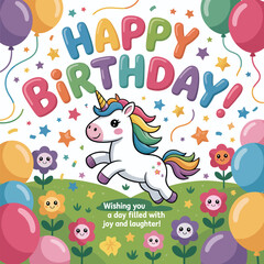 Naklejka premium Happy birthday with a unicorn, flowers, balloons and a joyful message celebration