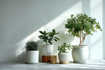 collection of green plants in brightly lit interior perfectly arranged against clean white wall