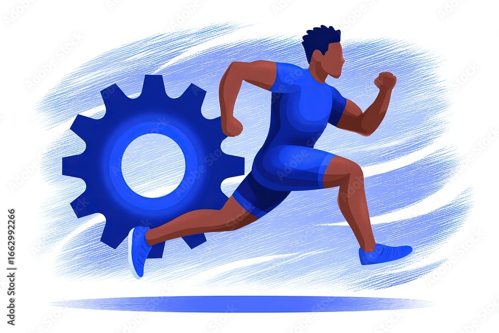 Poster dynamic athlete sprinting with mechanical gear symbolizing the fusion of physical prowess and innova
