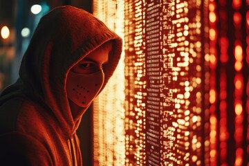 Hacker wearing mask surrounded by holographic data breaches
