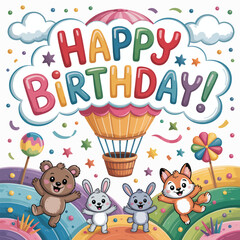 Fototapeta premium Happy birthday with hot air balloon and cute animals on colorful hills celebration