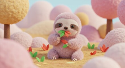 Fototapeta premium Cartoon Sloth Eating Leaves in a Pink Themed Forest Rendered with Furry Texture and Soft Lighting