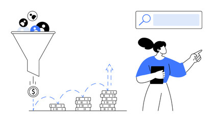 Funnel filtering users into cash, stacks of coins increasing, person gesturing with tablet, search bar. Ideal for marketing, economics, analytics, strategy, growth digital tools simple landing page