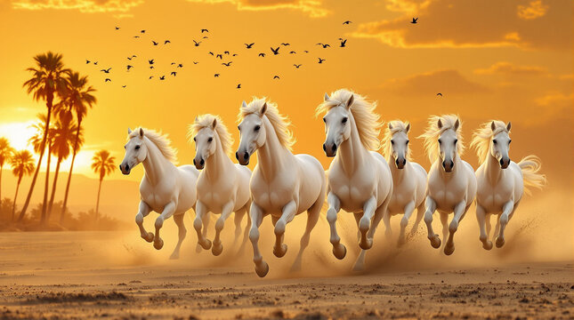 Seven white horses gallop freely across golden sands at sunset a desert landscape with warm bright