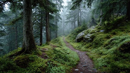 Obraz premium Misty forest path winding through dense trees