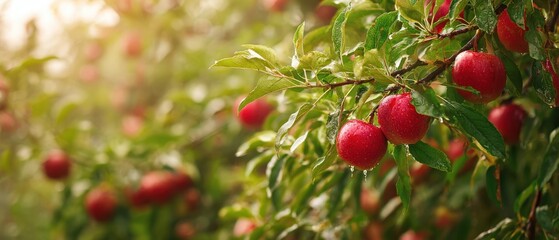 Obraz premium The Red Apple Tree Close-Up in Sunlit Orchard with Lush Green Leaves