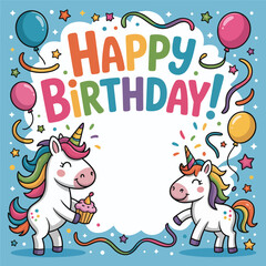 Two happy unicorns with rainbow manes celebrate birthday with cupcake celebration