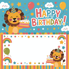 Obraz premium Two lions with birthday cakes and festive decorations on blue background balloons