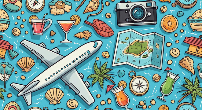 Vibrant illustration of travel icons: airplane, map, cocktails, shells, compass.  Represents wanderlust, adventure, and summer vacations. Perfect for travel blogs or agencies