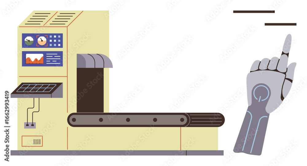 Poster robotic hand interacting with advanced conveyor belt system and control panel with gauges and screen