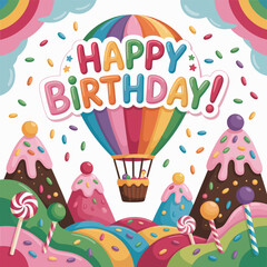 Obraz premium Whimsical birthday scene with hot air balloon over candy land hills celebration sweets