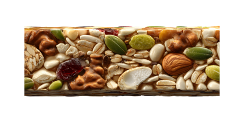 Close-up of a nutritious granola bar packed with an assortment of nuts and seeds