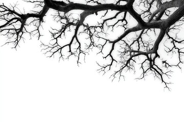 Obraz premium Black and white depiction of intricately detailed tree branches extending towards an empty backdrop showcasing the organic beauty and skeleton-like structure of nature's artistry