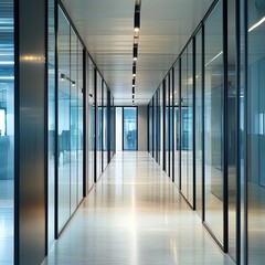Long, empty corridors in modern office building interiors