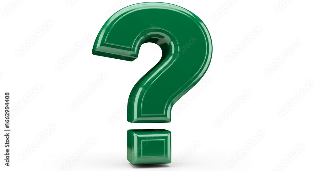 Poster green question mark, 3d rendering, glossy texture, symbolizing inquiry, uncertainty, or problem-solv