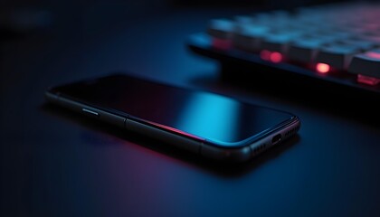 A bird&rsquo;s-eye view micro shot of a mobile phone resting on a leather gaming chair armrest, surrounded by soft RGB lighting from the gaming PC nearby. The screen glows faintly, casting a highlight 